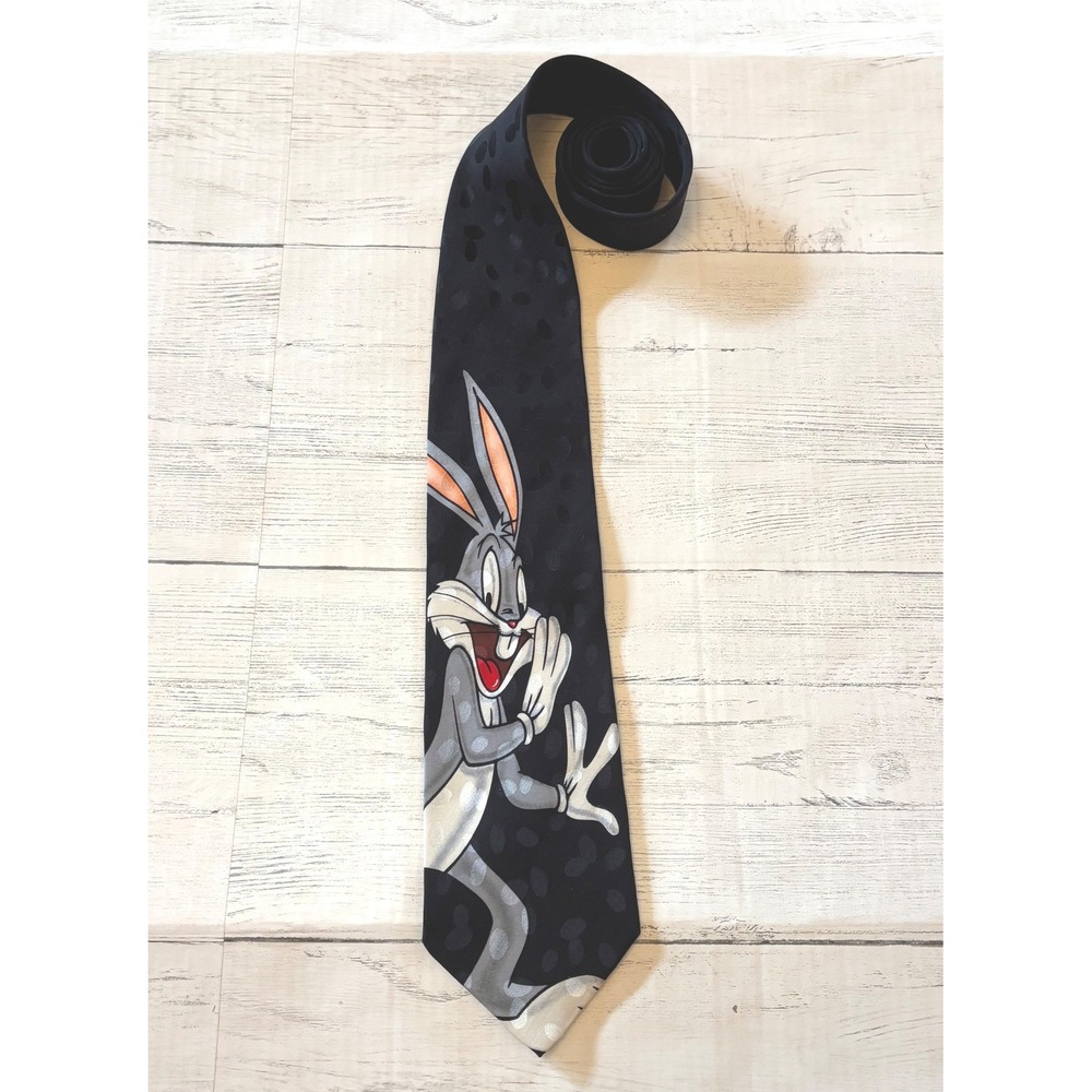 Vintage Looney Tunes Bugs Bunny Silk Necktie 1995 Warner Bros Black Polka Dot - Picture 2 of 7